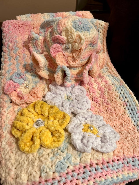 Rainbow Sherbert baby blanket with matching ruffle hat